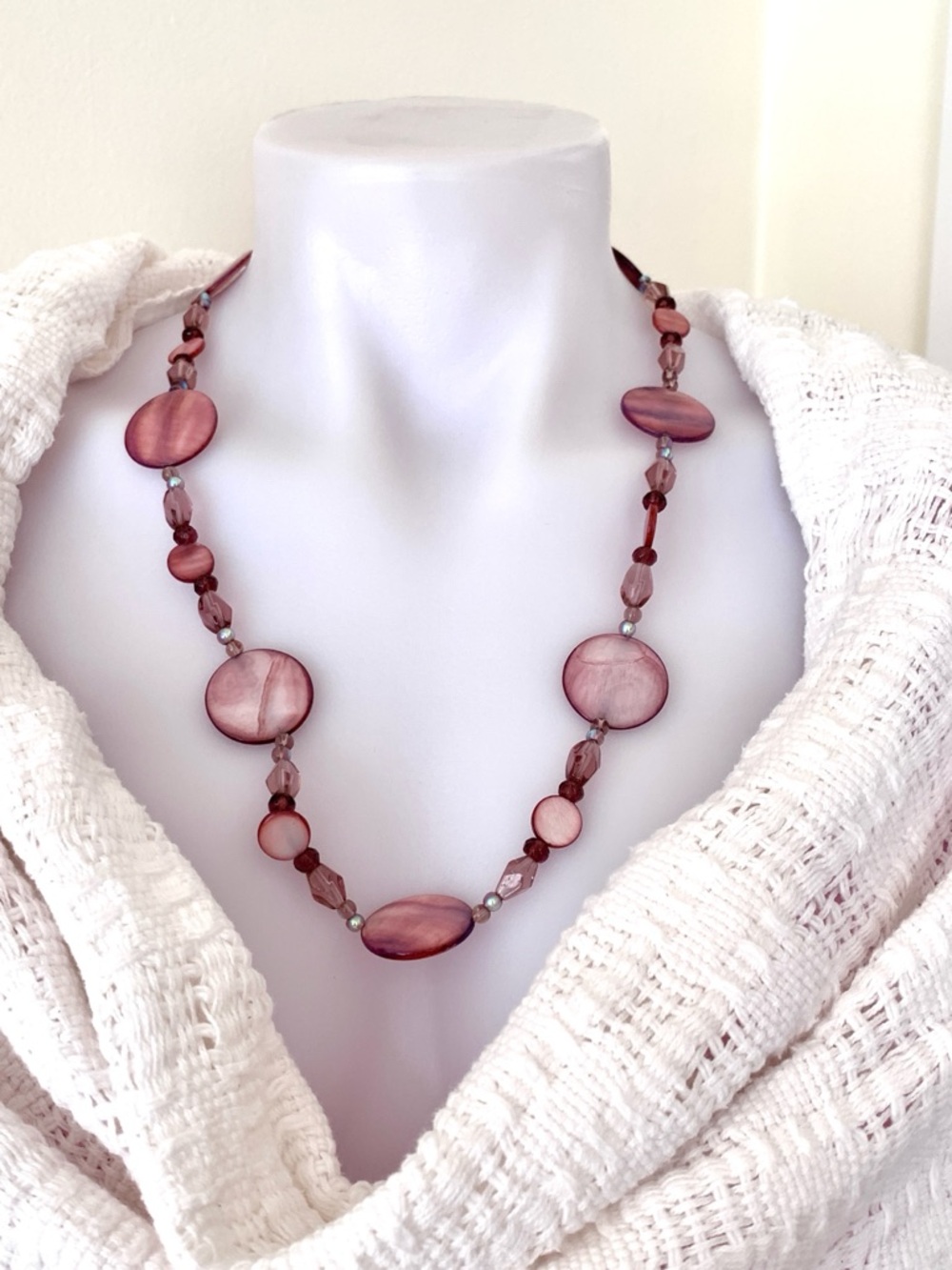 pink purple pearly discs beaded necklace with silver tone toggle clasp